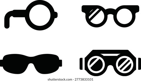 Protective eyewear goggles silhouette vector icon collection featuring safety goggles round glasses protective shades and industrial eye protection designs arranged in grid layout isolated on white background
