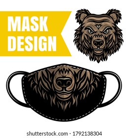 Protective fabric mask vector design with bear for printing isolated on white background. Grizzly face mask print for masquerade