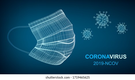 Protective face mask. Abstract coronavirus concept. Protection against viruses, bacteria. Symbol of protection. Polygonal abstract isolated on blue background.