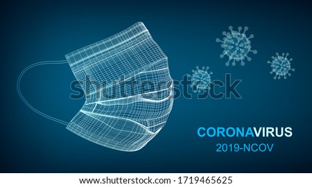 Protective face mask. Abstract coronavirus concept. Protection against viruses, bacteria. Symbol of protection. Polygonal abstract isolated on blue background.
