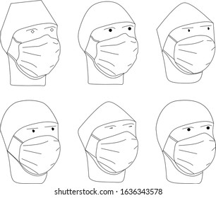 Protective face mask drawings, six slightly different heads and masks