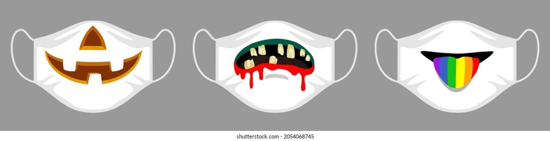 Protective face mask with a fun design. Set of fabric face mask. Halloween face mask pumpkin, zombie, lgbt flag. Medical mask	