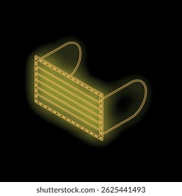 Protective face mask glowing with yellow neon light on black background, representing safety and protection