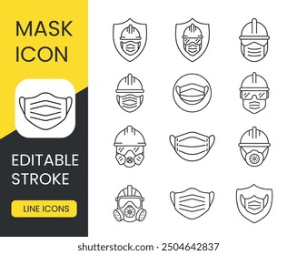 Vector de conjunto de iconos de línea de máscara facial protectora con trazo editable.