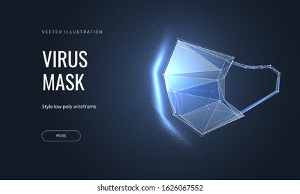 Protective face mask. Low poly wireframe style. Protection against viruses, bacteria, smog. Symbol of protection against the flu. Polygonal abstract isolated on blue background. Vector