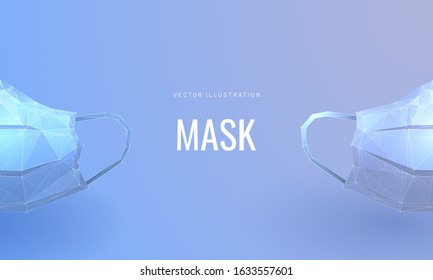 Protective face mask. Low poly wireframe style. Protection against viruses, bacteria, smog. Symbol of protection against the flu. Polygonal abstract isolated on blue background. Vector