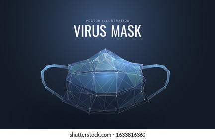 Protective face mask. Low poly wireframe style. Protection against viruses, bacteria, smog. Symbol of protection against the flu. Polygonal abstract isolated on blue background. Vector