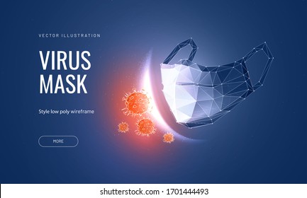 Protective face mask. Low poly wireframe style. Protection against viruses, bacteria, smog. Symbol of protection against the flu. Polygonal abstract isolated on blue background. Vector illustration