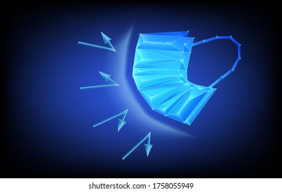 Protective face mask,  Protection against viruses, bacteria, smog,  Low poly wireframe style,  Symbol of protection against the flu. Polygonal abstract isolated on blue background. Vector