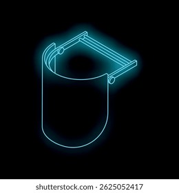 Protective face shield glowing in neon blue light, providing safety and protection against contagious diseases and viruses