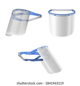 Protective face shield set, transparent material for health and safety. Full face mask wear. Vector realistic style illustration on white background