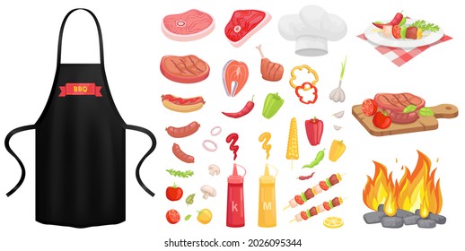 Protective garment for cooking near food icons. Safety clothing for barbecue cookery. Apparel for grilling. Apron with barbecue restaurant logo image. Apron for cooking and protection of clothes