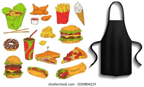 Protective garment for cooking near food icons. Clothes for work in kitchen, element of clothing for cooking. Chef clothing with long straps. Apron for cooking in kitchen next to fastfood dishes