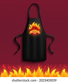 Protective garment for cooking. Safety clothing for barbecue cookery. Apparel for grilling. Black apron with barbecue restaurant logo image. Apron for cooking in kitchen and protection of clothes