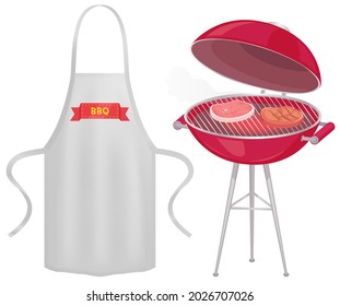 Protective garment for cooking. Safety clothing for barbecue cookery. Apparel for grilling food. Apron with barbecue restaurant logo next to grill with meat. Apron for cooking grilled dishes