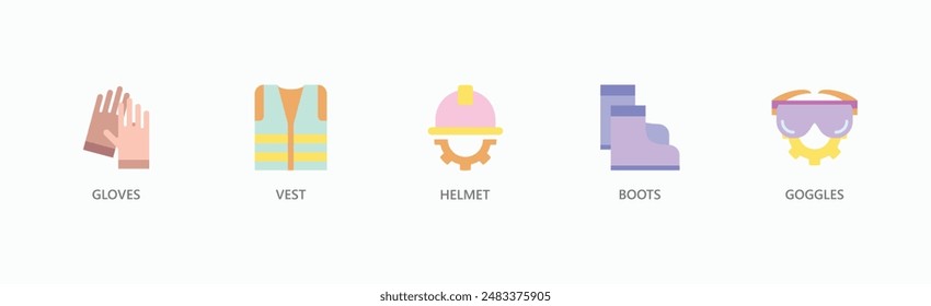 Schutzausrüstung Banner Web Icon Vektorillustration Concept mit Handschuhen, Weste, Helm, Stiefel, Schutzbrille
