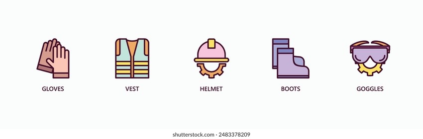 Protective Gear Banner Web Icon Vector Illustration Concept With Gloves, Vest, Helmet, Boots, Goggles