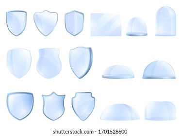 Protective glass icons set. Cartoon set of protective glass vector icons for web design