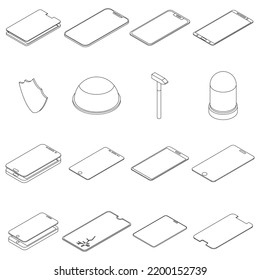 Protective glass icons set. Isometric set of protective glass vector icons outline thin lne isolated on white