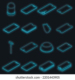 Protective glass icons set. Isometric set of protective glass vector icons neon color on black