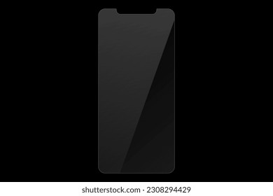 Protective glass for phone. Realistic reflection. Glass on black transparent background. Vector illustration of glass