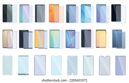 Protective glass for smartphone icons set cartoon vector. Glass crack. Screen mirror
