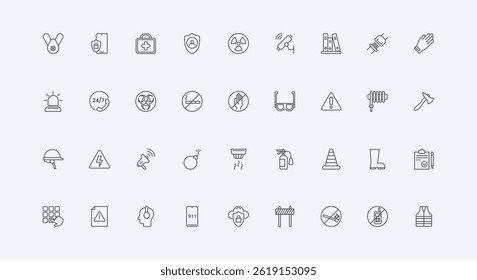Protective glasses and glove of worker, warning sign thin black outline symbols vector illustration. Safety and security equipment to save and care life, prevention of accident line icon set