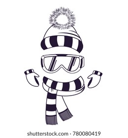 Protective glasses for skiing. Goggles A set of winter clothes a snow hat with a pompon, a striped scarf and mittens.