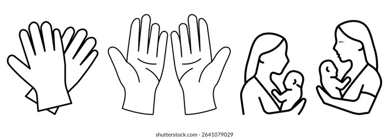 Protective gloves hand hygiene and mother baby care line icon set in medical safety vector illustration for hospital health design.