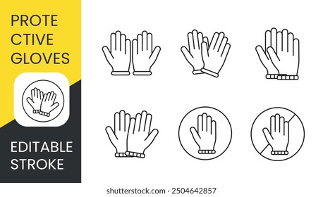Guantes de protección para las manos conjunto de iconos de línea de Vector con trazo editable.