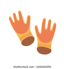 Protective gloves, pair of yellow rubber gloves for gardening and household work. Flat hand drawn vector illustration, isolated icon, cute cartoon style. Worker gloves for domestic service