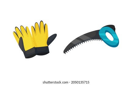 Protective Gloves and Saw as Garden Tools and Equipment Vector Set