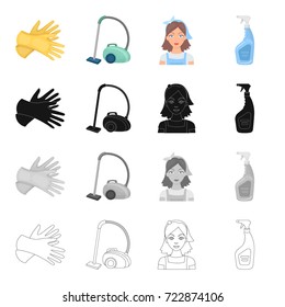 Protective gloves, vacuum cleaner for cleaning, cleaner, washing liquid. Cleaning set collection icons in cartoon black monochrome outline style vector symbol stock illustration web.