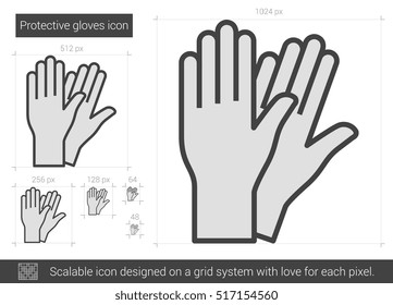 Protective gloves vector line icon isolated on white background. Protective gloves line icon for infographic, website or app. Scalable icon designed on a grid system.