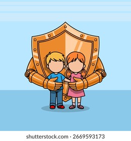 A protective golden shield with a sturdy metallic robotic arm protecting a boy and a girl. The concept of child protection, celebrated on National Child Protection Week on September 5th.