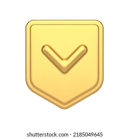 Protective golden shield verification checkmark premium safety access badge front view realistic 3d icon vector illustration. Control success identification privacy password interface virus protection