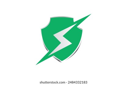 Protective green shield featuring a lightning bolt, symbolizing energy or electrical protection, isolated on white background. 3D icon, sign and symbol. Side view. 3D Render Illustration