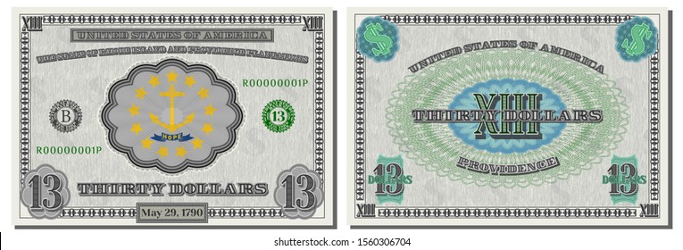 Protective guilloche mesh. Fictional 13 US dollars Rhode Island and motto Hope