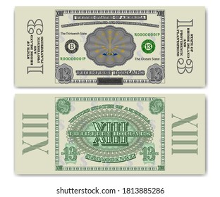 Protective guilloche mesh. Fictional 13 US dollars Rhode Island and motto Hope. Thirteen. Providence. Anchor EPS10