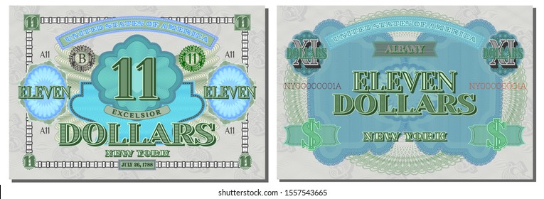 Protective guilloche mesh. A fictional US 11 dollars dedicated to the state of New York. Latin motto Higher