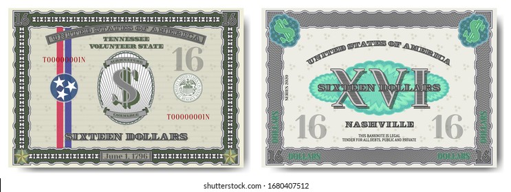 Protective guilloche mesh. A fictional US banknote of $ 16 is dedicated to the state of Tennessee