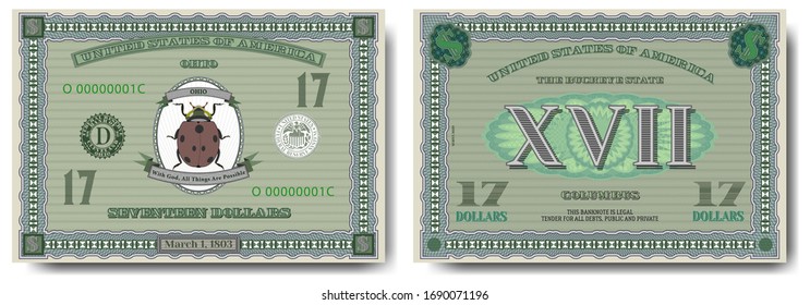 Protective guilloche mesh. A fictional US banknote of $ 17 is dedicated to the state of Ohio. Ladybug insect