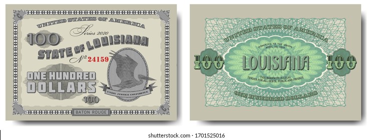 Protective guilloche mesh. A fictional US banknote of $ 100 is dedicated to the state of Louisiana. Pelican