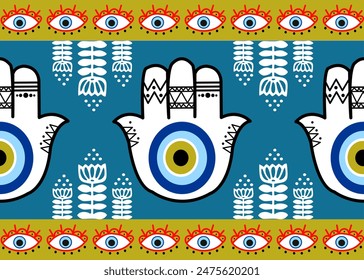 Protective Hamsa and Evil Eye Pattern Geometric Ethnic pattern,
Native American tribal fabric, tile, carpet, vector,
illustration design