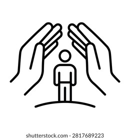 Protective hands covering person icon with protection security guardianship guidance community development