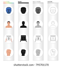 Protective helmet, boxer's appearance, 3-round tablet, fist. Boxing set collection icons in cartoon black monochrome outline style vector symbol stock illustration web.