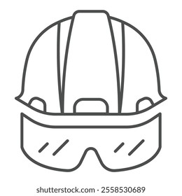 Protective helmet and eyeglasses thin line icon, work safety concept. Vector graphics. Workwear clothes sign on white background, outline style icon for mobile or web design