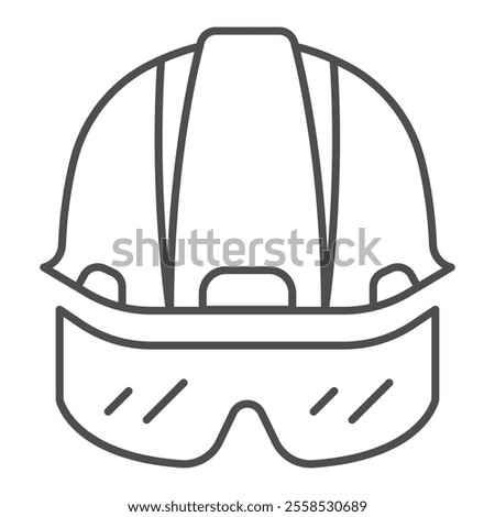 Protective helmet and eyeglasses thin line icon, work safety concept. Vector graphics. Workwear clothes sign on white background, outline style icon for mobile or web design