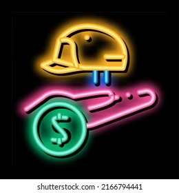 protective helmet on hand neon light sign vector. Glowing bright icon protective helmet on hand sign. transparent symbol illustration