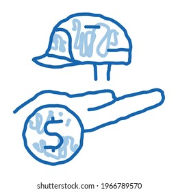 protective helmet on hand sketch icon vector. Hand drawn blue doodle line art protective helmet on hand sign. isolated symbol illustration